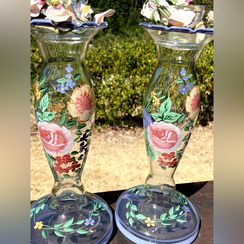 Hand painted pair glass candlesticks floral gift weddings shower baby Perf Vint